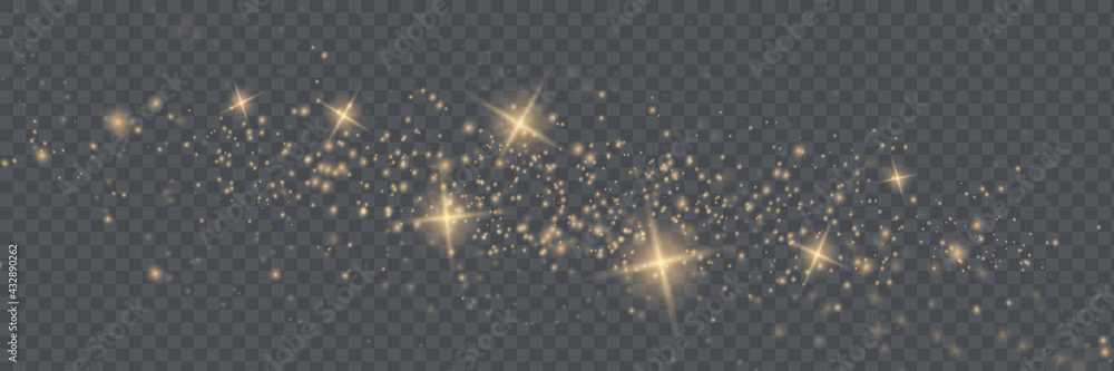 The dust sparks and golden stars shine with special light. Vector sparkles on a transparent background. - obrazy, fototapety, plakaty 
