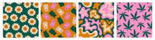 Gummy And Jelly Bears, Flowers, Abstract Shapes, Cannabis. Hand Drawn Vector Illustrations. Cartoon Style. Set Of Four Seamless Patterns. Backgrounds, Wallpapers. Print Templates