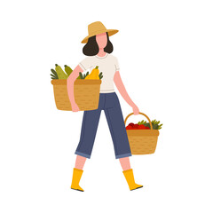 Poster - Woman Farmer in Straw Hat and Rubber Boots Carrying Wicker Basket with Ripe Vegetables Vector Illustration