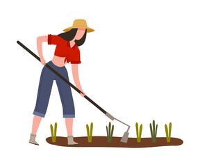 Sticker - Woman Farmer in Straw Hat Cultivating Soil with Hoe on Garden Bed Vector Illustration