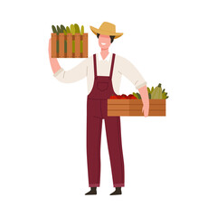 Poster - Man Farmer in Straw Hat Holding Wooden Crate with Ripe Vegetables Vector Illustration