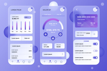 Poster - Finance neumorphic elements kit for mobile app. Online banking, accounting, financial statistics graph, credit cards. UI, UX, GUI screens set. Vector illustration of templates in glassmorphic design