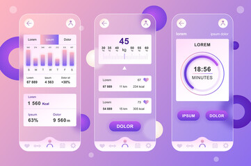 Poster - Fitness workout neumorphic elements kit for mobile app. Weight graph, calorie tracking, sports activity, timer. UI, UX, GUI screens set. Vector illustration of templates in glassmorphic design