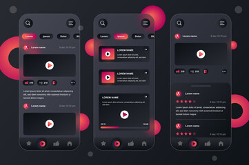 Poster - Video tube neumorphic elements kit for mobile app. Video player, live streaming service, multimedia content, feedback. UI, UX, GUI screens set. Vector illustration of templates in glassmorphic design