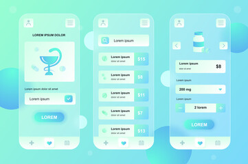 Poster - Medical services neumorphic elements kit for mobile app. Online pharmacy, list of medicines with prices, payment. UI, UX, GUI screens set. Vector illustration of templates in glassmorphic design
