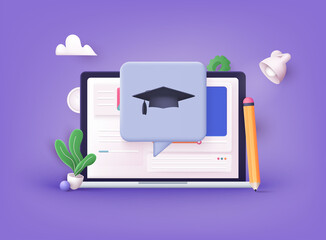 Online education on website. Application learning. Computer with open pages. 3D Vector Illustrations.