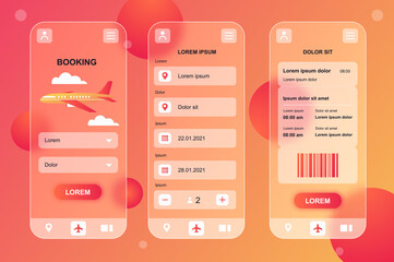 Aufkleber - Travel booking neumorphic elements kit for mobile app. Airplane ticket booking, place or date selection, boarding pass. UI, UX, GUI screens set. Vector illustration of templates in glassmorphic design
