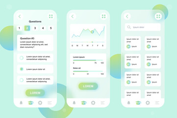 Poster - Online learning neumorphic elements kit for mobile app. Online exam form, study progress graph, course list, education. UI, UX, GUI screens set. Vector illustration of templates in glassmorphic design