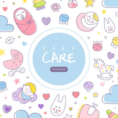 Sticker - Cute Baby Care Webpage Cover Template Vector Illustration