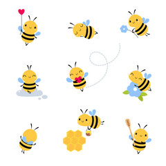 Wall Mural - Cute Honey Bee Set, Lovely Flying Insects Cartoon Characters Vector Illustration