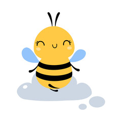 Poster - Cute Honey Bee Meditating on Cloud, Lovely Flying Insect Character Cartoon Vector Illustration