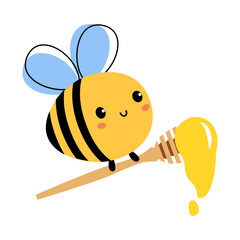 Poster - Cute Bee Flying Wooden Honey Dipper, Lovely Insect Character Cartoon Vector Illustration