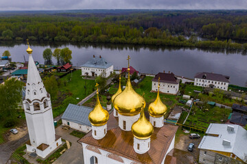 a panoramic view of the river and the historic center of gorokhovets during the rain filmed from a d