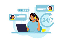 Customer Service Concept. Woman With Headphones And Microphone With Laptop. Support, Assistance, Call Center. Vector Illustration. Flat Style