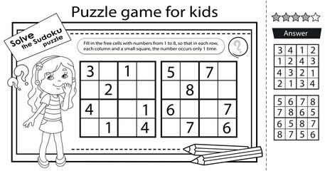 Wall Mural - Solve the sudoku puzzle together with the girl. Logic puzzle for kids. Education game for children. Coloring Page. Worksheet vector design for schoolers.