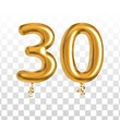 Vector realistic isolated golden balloon number of 30 for invitation decoration on the transparent background.