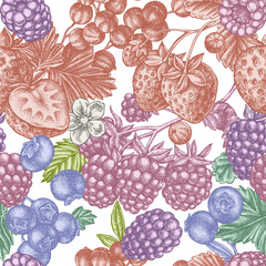 Wall Mural - Seamless pattern with hand drawn pastel strawberry, blueberry, red currant, raspberry, blackberry