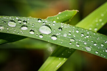 Canvas Print - Drops of morning dew on green leaves of grass.