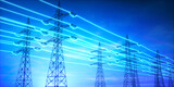 Electricity transmission towers with glowing wires against blue sky - Energy concept