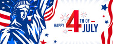 Happy 4th Of July Design With Modern Design With A Firework On The Trendy USA Waving Flag And Statue Of Liberty Background.
