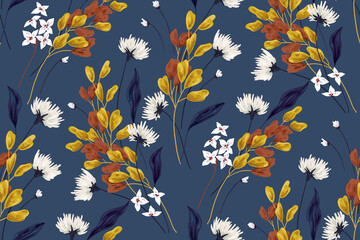 Seamless floral pattern. Randomly arranged white flowers, blue and yellow leaves on a dark background. Vector.