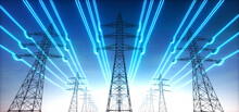 Electricity Transmission Towers With Glowing Wires Against Blue Sky - Energy Concept