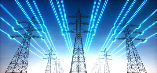 electricity transmission towers with glowing wires against blue sky - energy concept