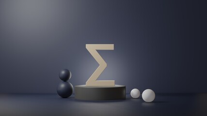 Sigma sign with 3D Style. 3D illustration of mathematics symbol in podium and dark blue background
