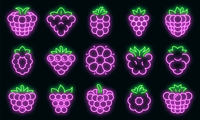 Sticker - Blackberry icons set. Outline set of blackberry vector icons neon color on black