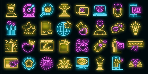 Wall Mural - Engaging content icons set. Outline set of engaging content vector icons neon color on black