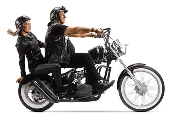 Poster - Biker riding a woman on a custom chopper motorbike