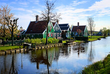 Traditional Dutch Village Of Zaanse Schans, With Historic Houses Along A Canal, Netherlands