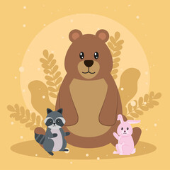 Poster - Cute bear raccoon and rabbit