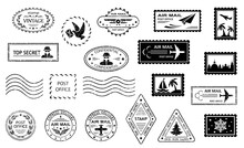Postal Stamps And Postmarks. Set Of Postmarks And Postage Stamps With City Silhouettes, Islands With Palm Trees, Sea And Yacht. Air Mail, Top Secret, Express Delivery, Post Office. Isolation. Vector