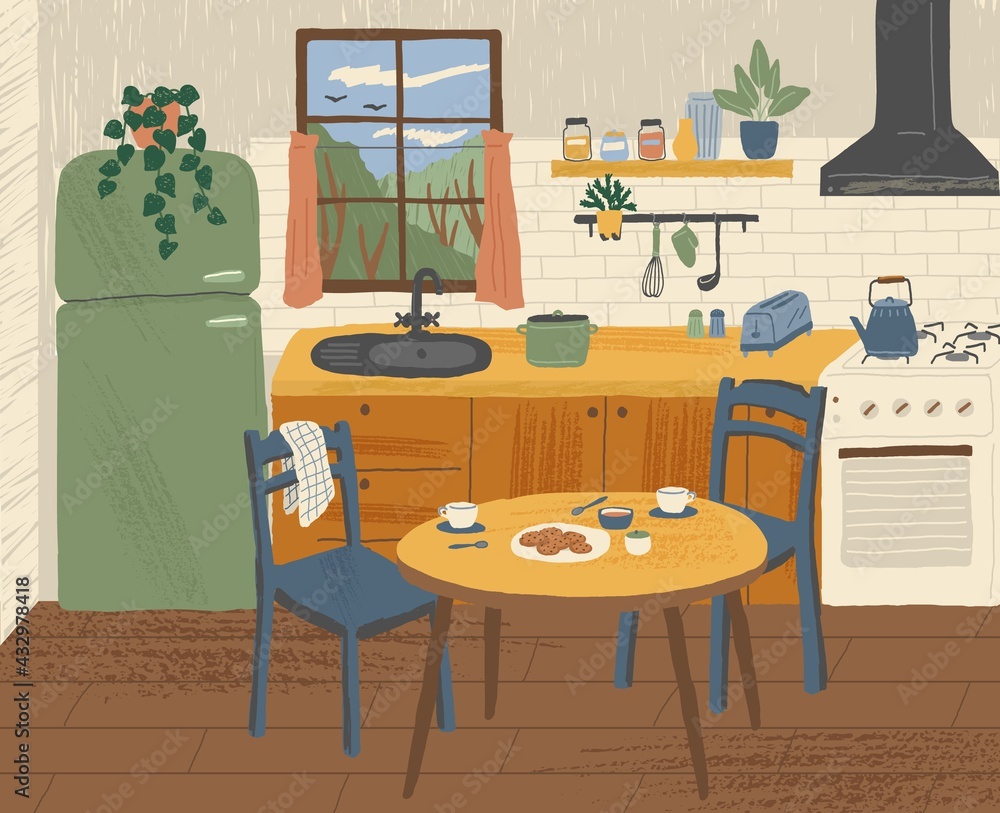 Modern kitchen interior hand drawn vector illustration. Cooking area ...