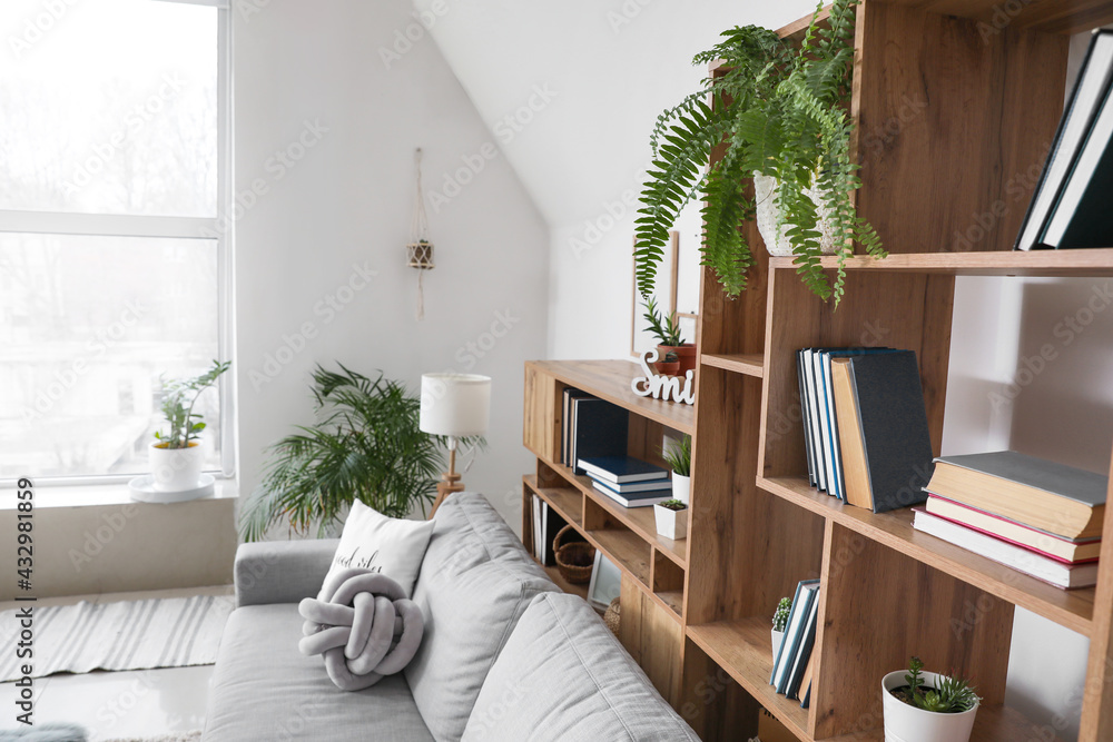 Shelf unit with books in interior of room
