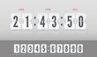 © voinsveta - Vector modern ui design old countdown timer with numbers. White scoreboard number font. Coming soon web page design template of flip time counter with reflection on light background.