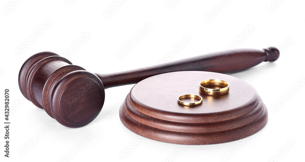 Judge's gavel with rings on white background