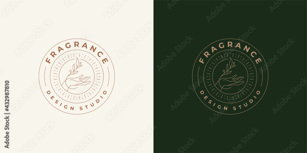 Hand with branch and leaves near logo emblem design template vector illustration in minimal line art style - obrazy, fototapety, plakaty 