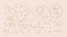 Magic Woman Boho Vector Illustrations Of Graceful Feminine Women And Esoteric Symbols Set.