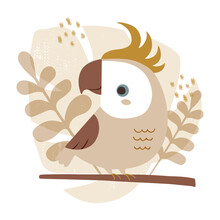Vector Illustration Of Cute Cockatoo Parrot With Botanical Background In Trendy Earthy Colors.