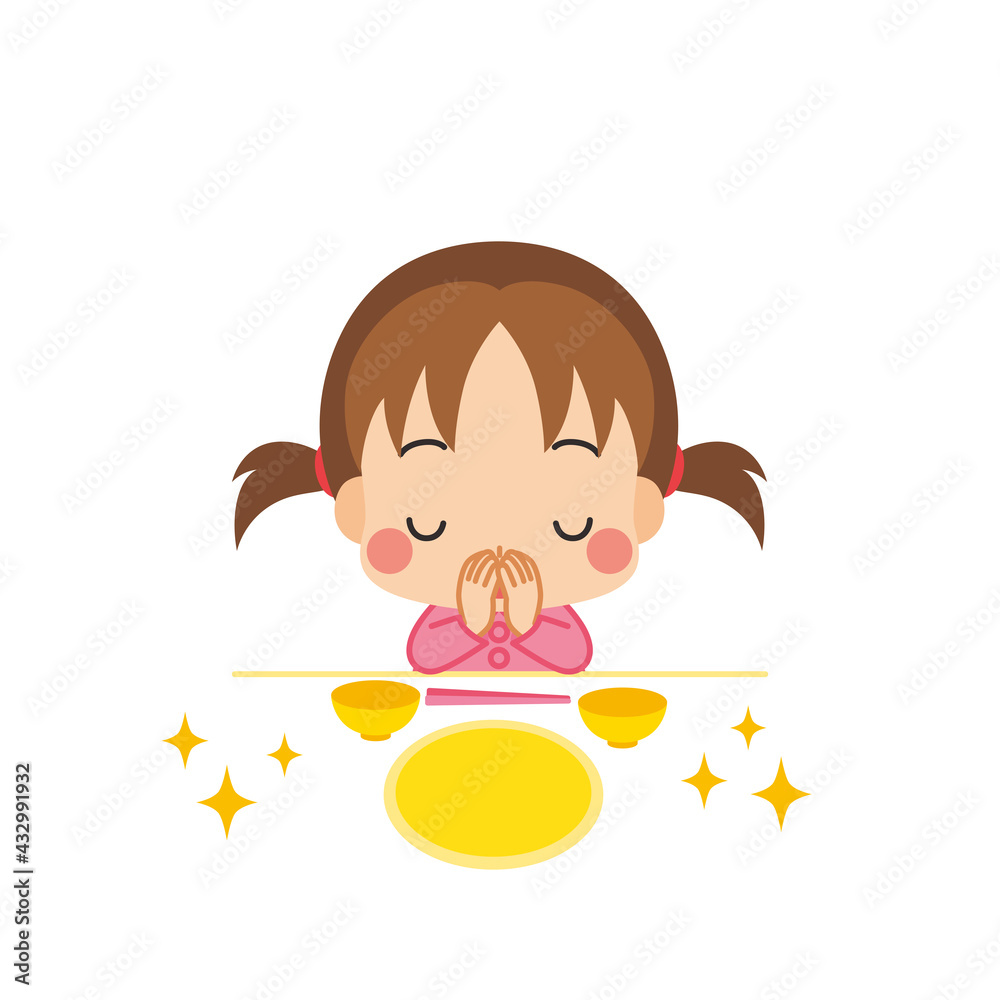 残さず食べて食事の後にご馳走様と挨拶をするお行儀のよい可愛い小さな女の子のイラスト Wall Mural ぽこたぽこ 残さず食べて食事の後にご馳走様と挨拶をするお行儀のよい可愛い小さな女の子のイラスト Wall Mural ぽこたぽこ