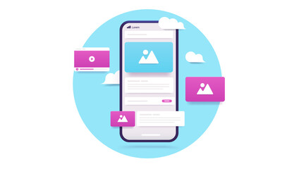 Fototapete - Smartphone and ui elements in oval frame - Vector illustration of mobile phone with web elements in blue circle and white background.