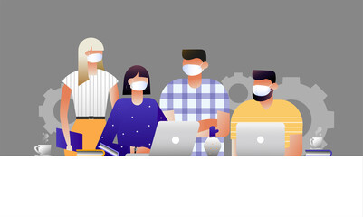 People in white medical masks communicate in the office.