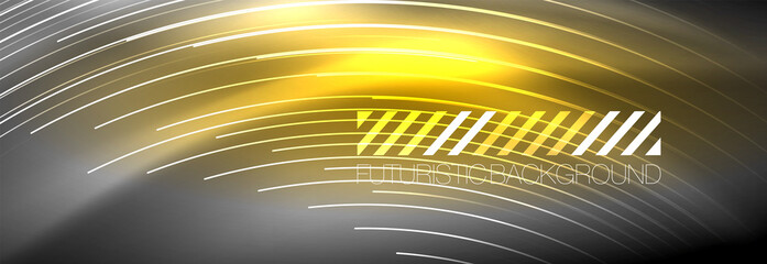 Neon glowing lines, magic energy and light motion background. Vector wallpaper template