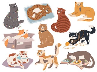 Wall Mural - Cute cats. Funny kittens sleep, play and sit, catch mouse. Kitty in various pose, happy and sad cat. Cartoon vector pets isolated characters. Feline in different positions with ball of thread