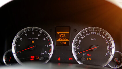 car interior dashboard details. Speedometr.Speedometer arrows in dark colors.  