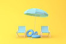 Minimal Scene Of Beach Chairs And Umbrella On Yellow Background, Summer Concept, 3D Rendering.