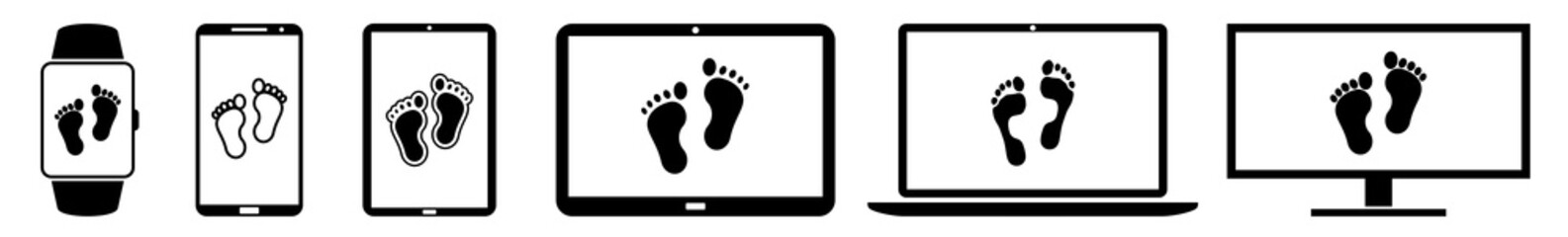 Display footprints, foot, print, human, step, barefoot Icon Devices Set | Web Screen Device Online | Laptop Vector Illustration | Mobile Phone | PC Computer Smartphone Tablet Sign Isolated