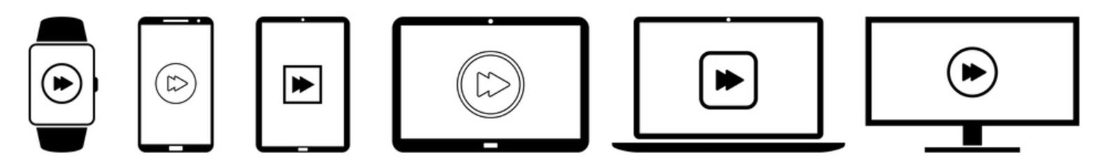 Wall Mural - display forward, button, music, media icon devices set | web screen device online | laptop vector il